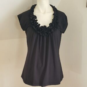 Chic Susie Rose Ruffled Neckline Black Cap Sleeve Blouse, Size L